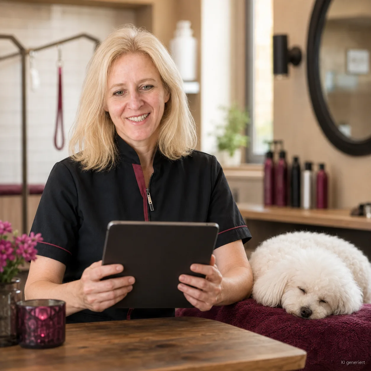 Natalie in ihrem Hundesalon mit einem Tablet, daneben schläft ein Bichon Frisé