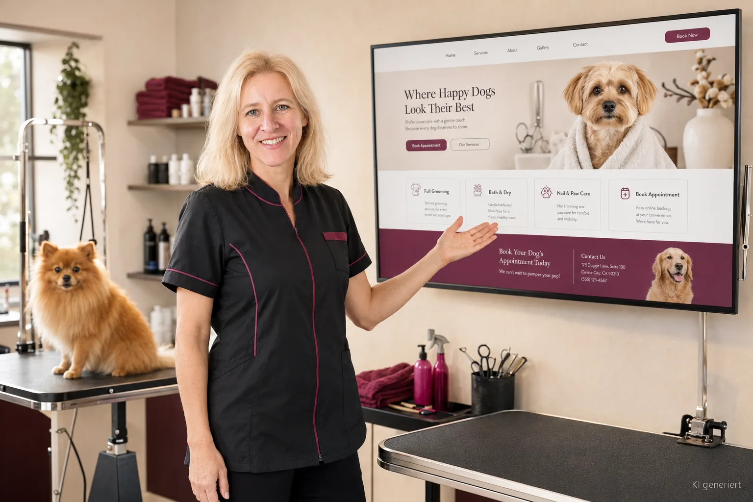 Natalie erklärt an einem Bildschirm im Salon, wie eine Website für den Hundesalon aussieht