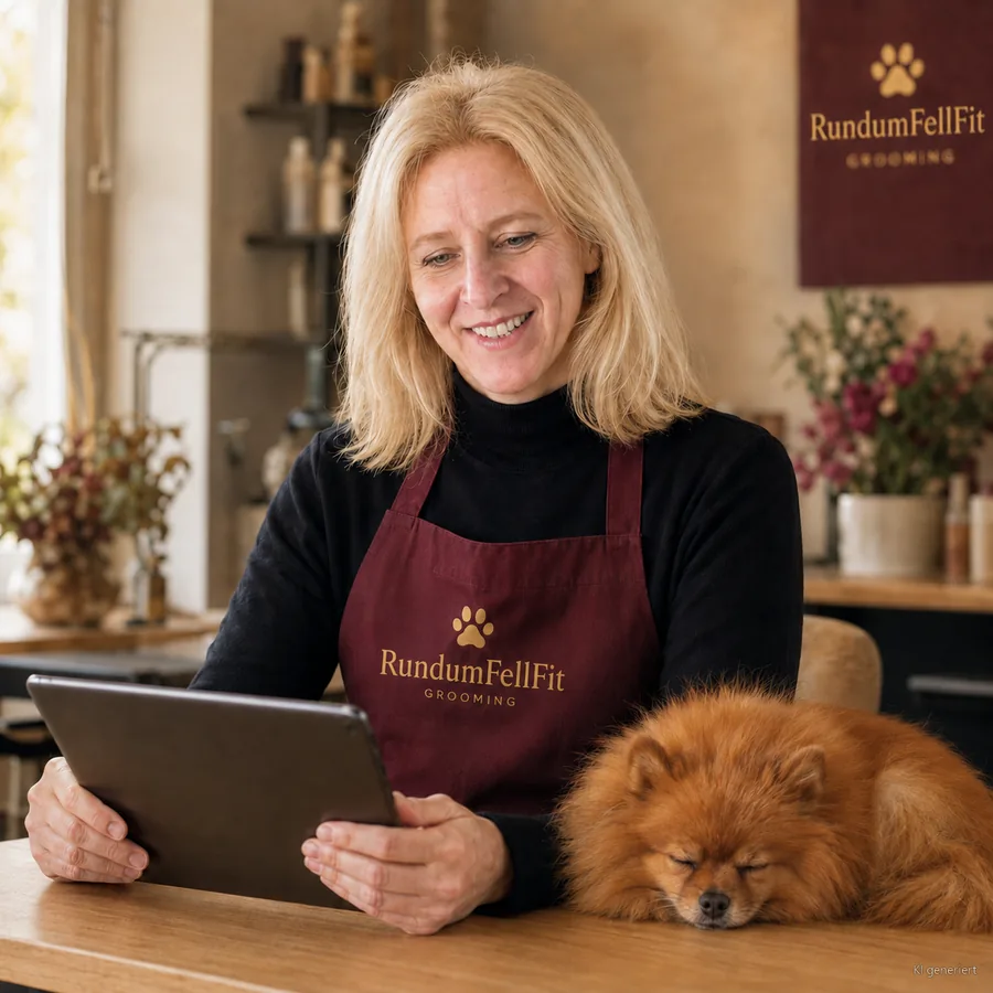 Natalie liest ruhig auf dem Tablet, daneben schläft ein Hund