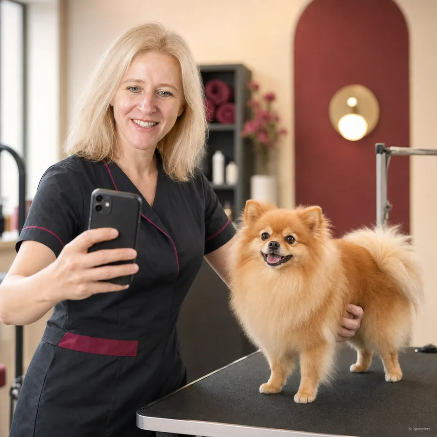 Natalie fotografiert einen frisch gescherten Pomeranian
